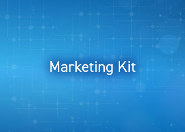 Blue background with text: Marketing Kit.